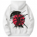 White hoodie with a black and red warrior design on the back