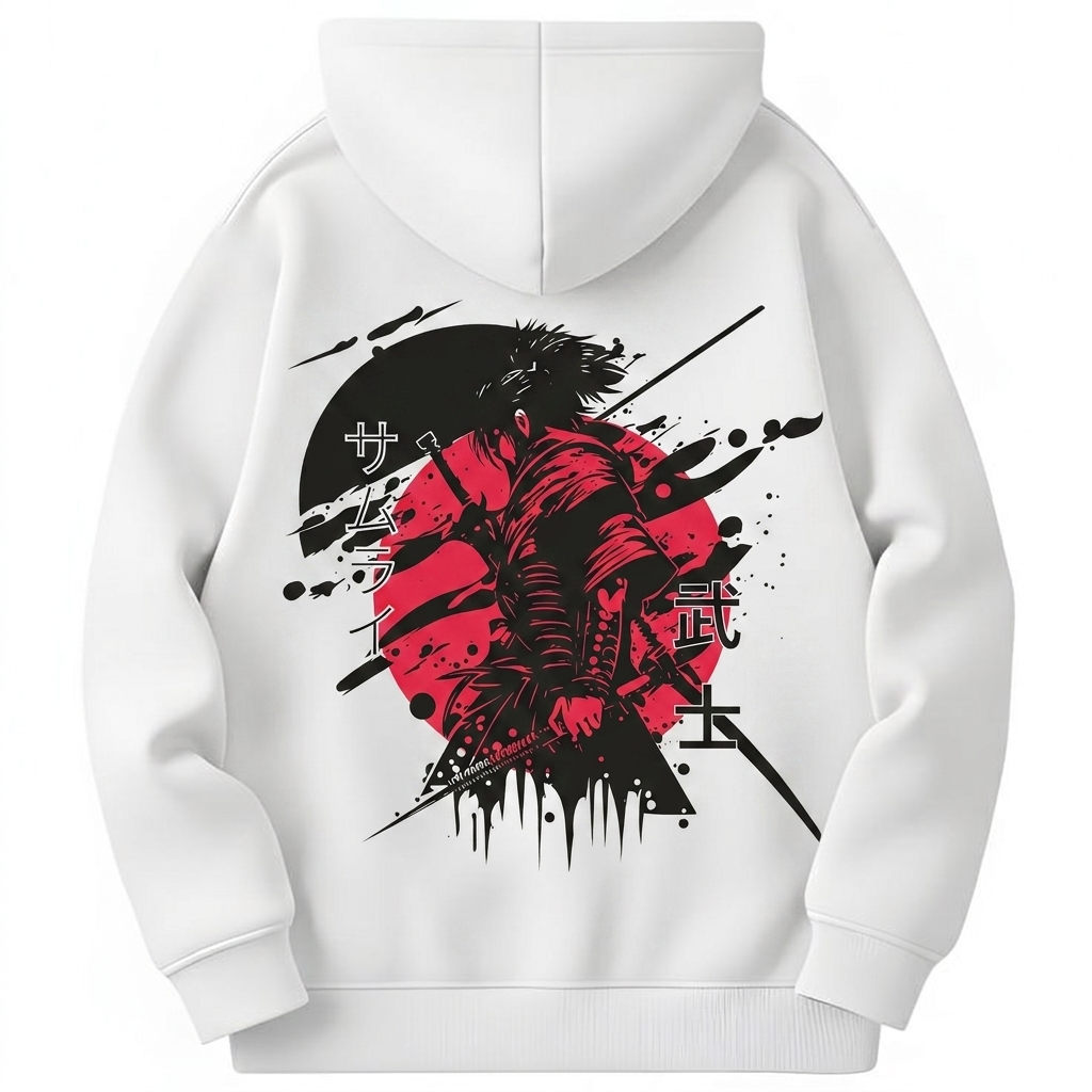 White hoodie with a black and red warrior design on the back