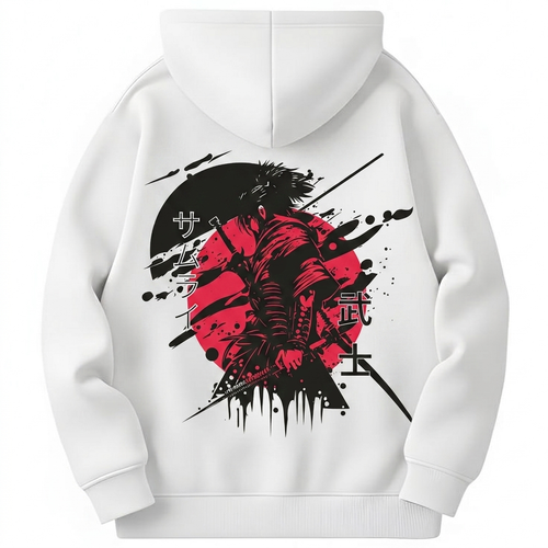 White hoodie with a black and red warrior design on the back