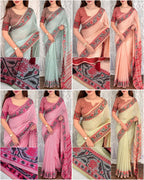 A 3x3 collage showing eight different saree color options, including sage green, peach, pink, and beige. Each panel features a model wearing the saree, with two additional close-up detail panels of the borders.