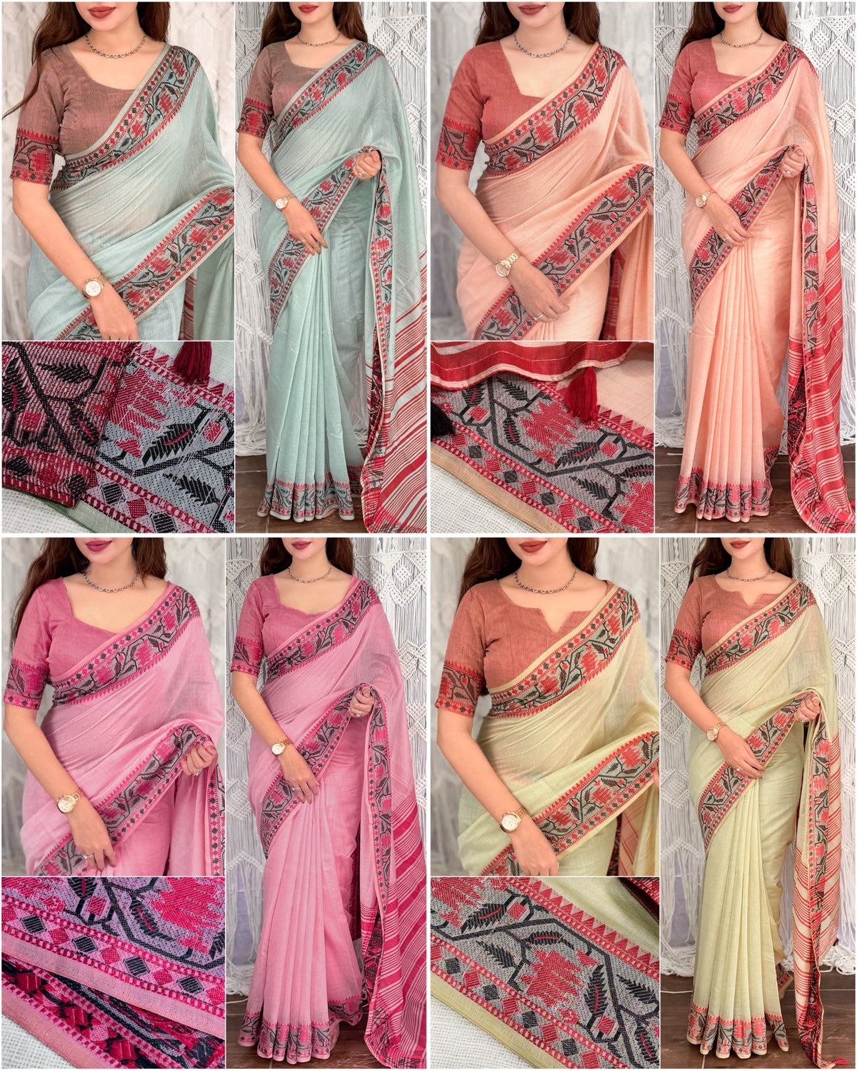 A 3x3 collage showing eight different saree color options, including sage green, peach, pink, and beige. Each panel features a model wearing the saree, with two additional close-up detail panels of the borders.