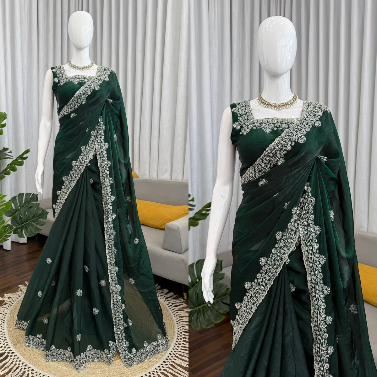 Beads & Sequins Work Fendy Silk Saree with Blouse