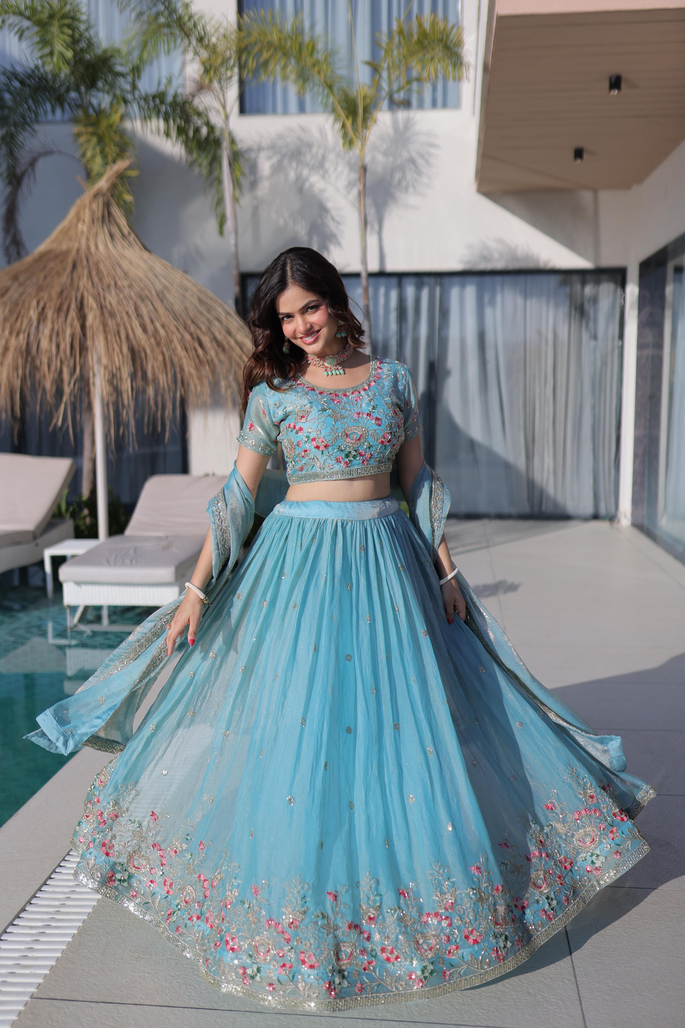 Multi Thread Embroidered Fendi Silk Lehenga Choli Set