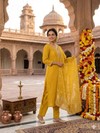 Embroidered Roman Silk Kurti Pant Set with Cotton Silk Dupatta
