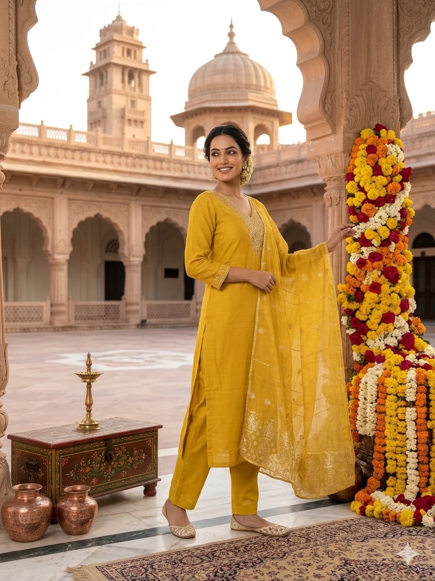 Embroidered Roman Silk Kurti Pant Set with Cotton Silk Dupatta