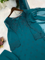 Embroidered Georgette Kurti Pant Set with Dupatta