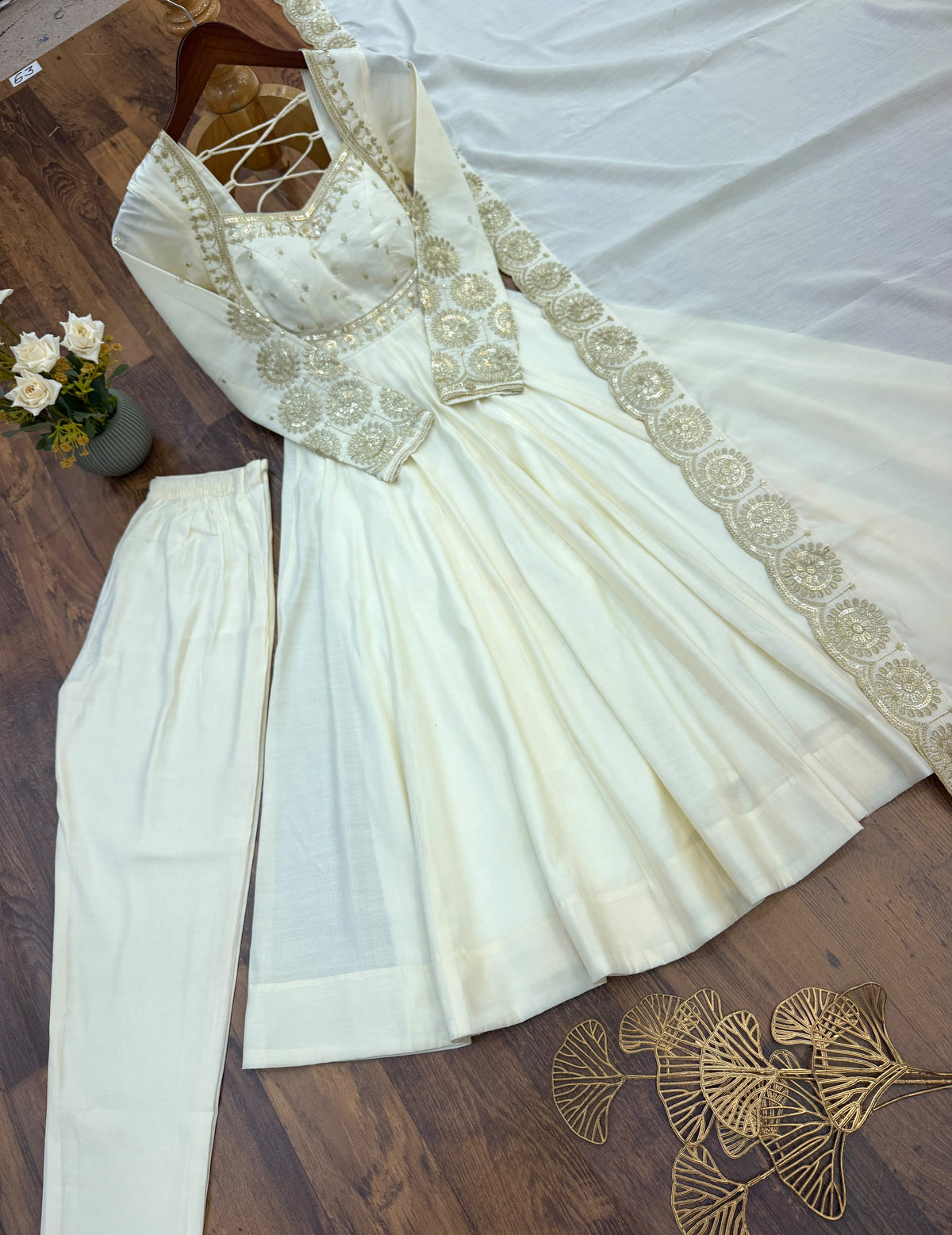 Roman Silk Embroidered Anarkali Gown Set with Chanderi Dupatta