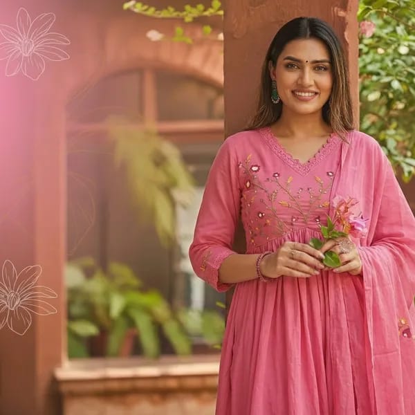 Embroidered Cotton Kurta Pant Set with Printed Cotton Malmal Dupatta