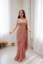 Crep Silk Embroidered Sequins Ready-to-Wear Saree with Stitched Blouse
