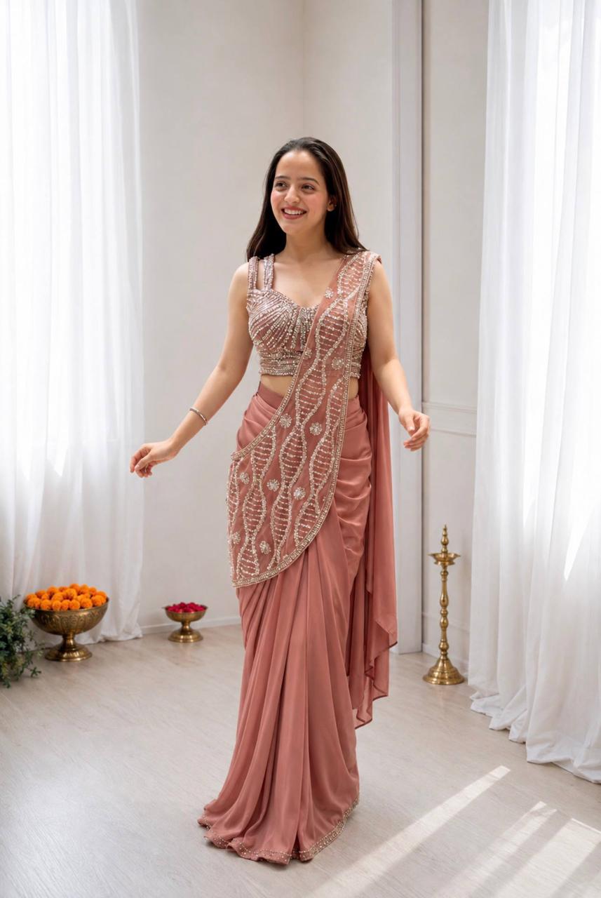 Crep Silk Embroidered Sequins Ready-to-Wear Saree with Stitched Blouse