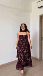 Embroidered Georgette Kurti Pant Set with Dupatta