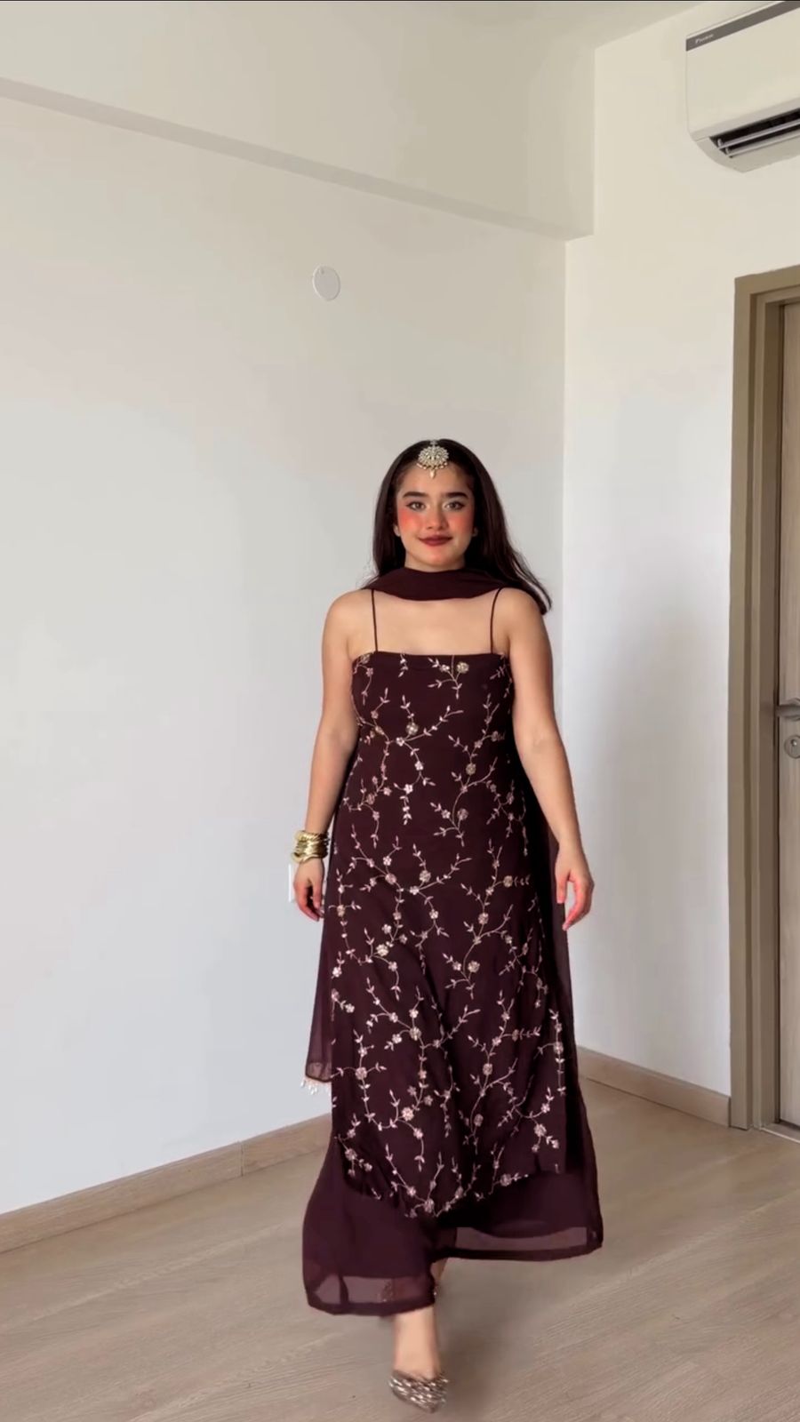 Embroidered Georgette Kurti Pant Set with Dupatta