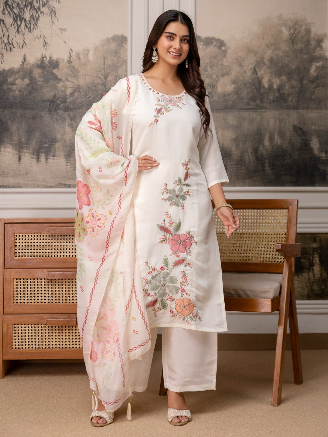 Embroidered Roman Silk Kurta Pant Set with Printed Dupatta