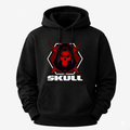 Black hoodie with red and white skull design on a light gray background