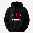 Black hoodie with red and white skull design on a light gray background