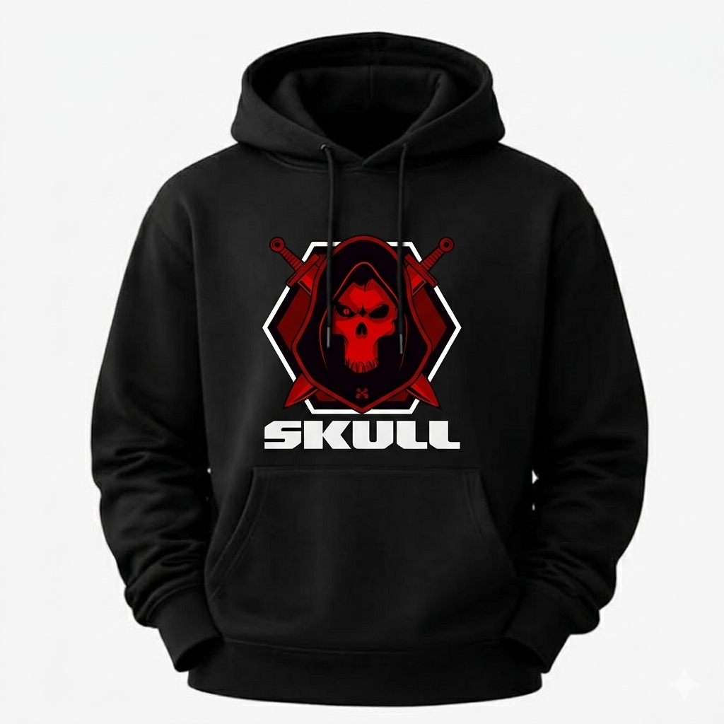 Black hoodie with red and white skull design on a light gray background