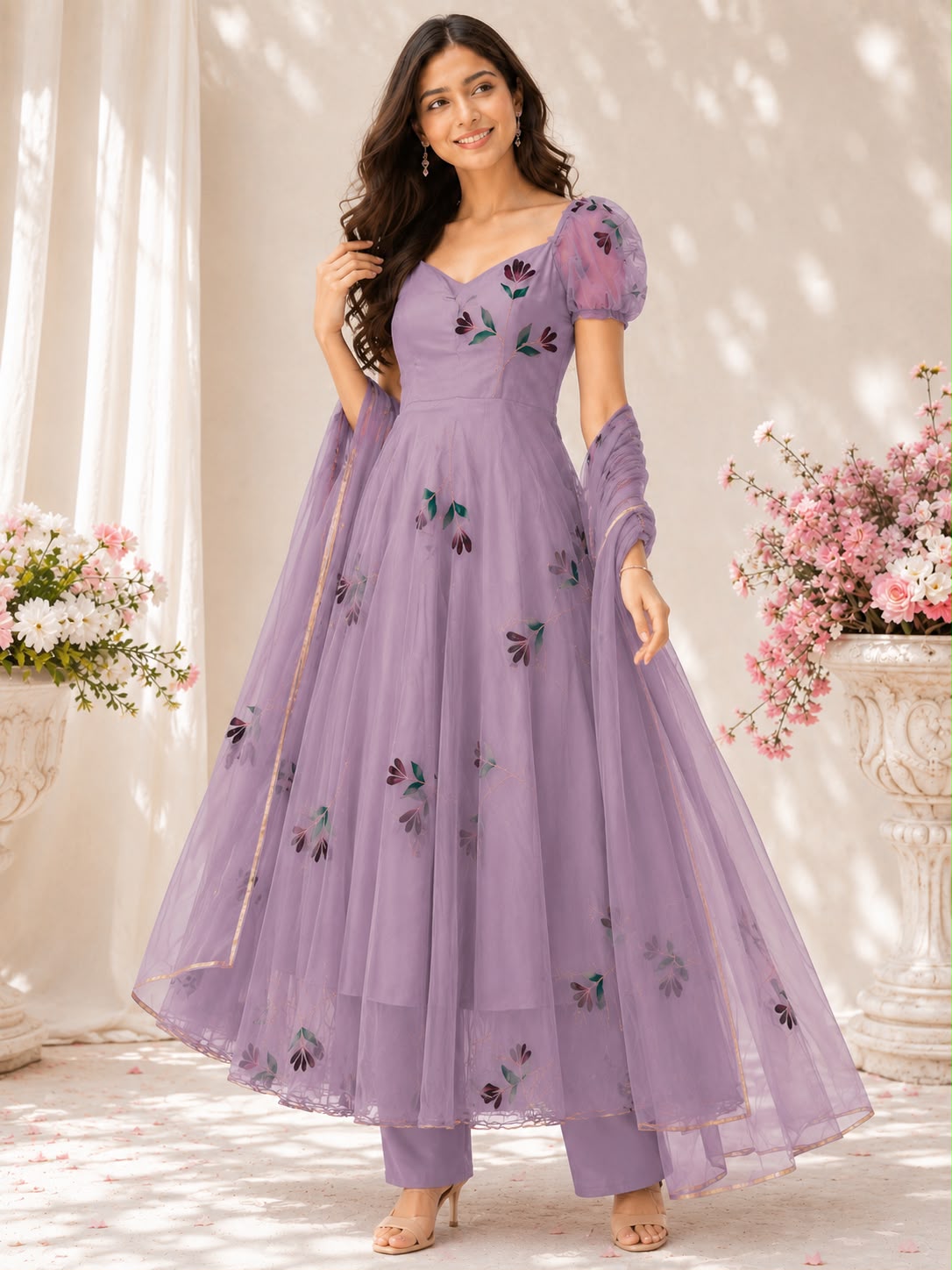 Handpainted Georgette Anarkali Suit Set with Dupatta
