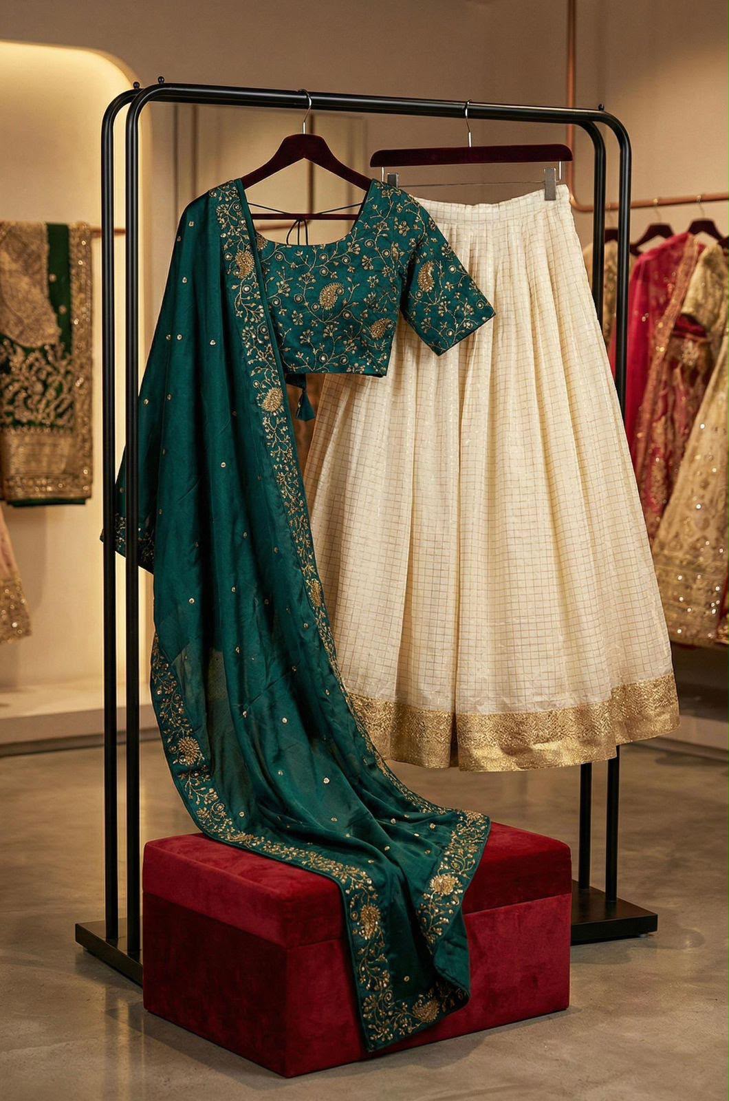 Kanakvalli Cream & Maroon Embroidered Lehenga Set