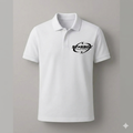 White polo shirt with a black logo on a gray background