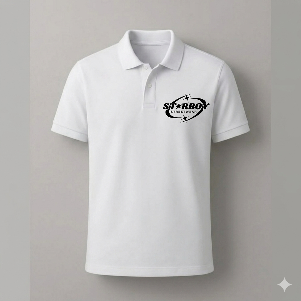 White polo shirt with a black logo on a gray background