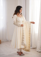 Roman Silk Embroidered Anarkali Gown Set with Chanderi Dupatta
