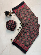 Ajrakh Printed Crepe Gajji Silk Saree with Latkan & Blouse