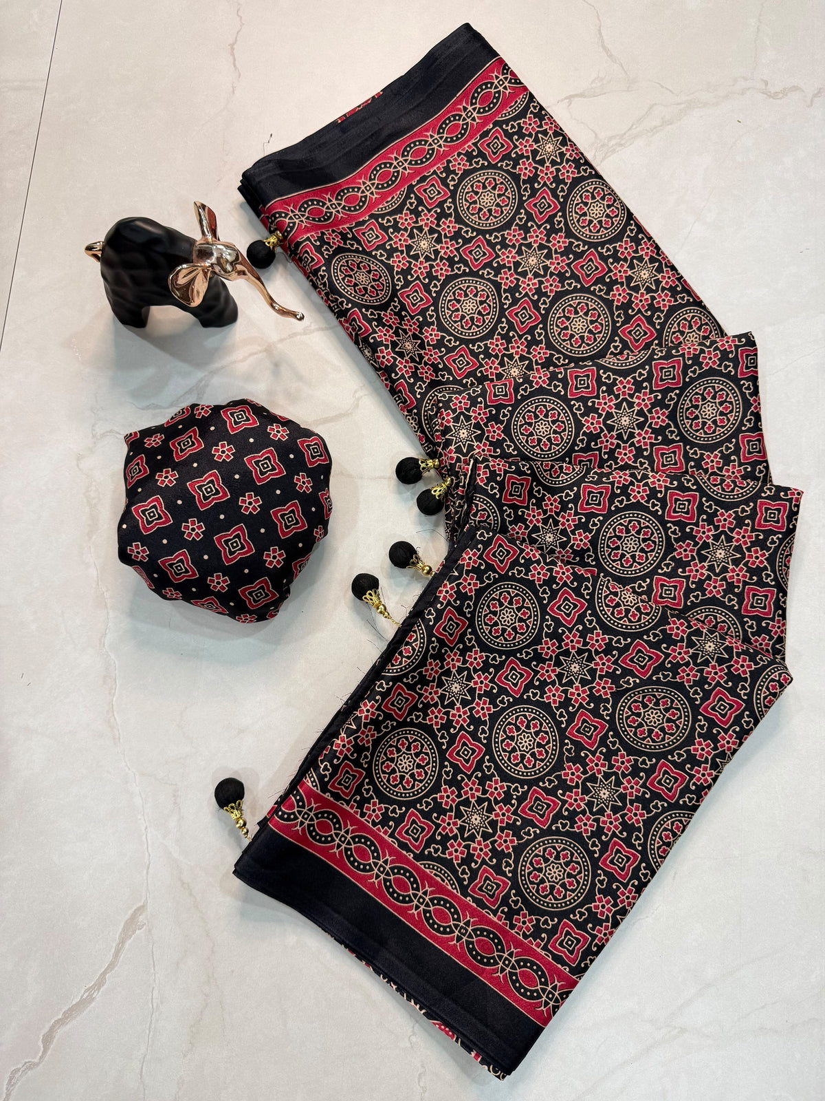 Ajrakh Printed Crepe Gajji Silk Saree with Latkan & Blouse