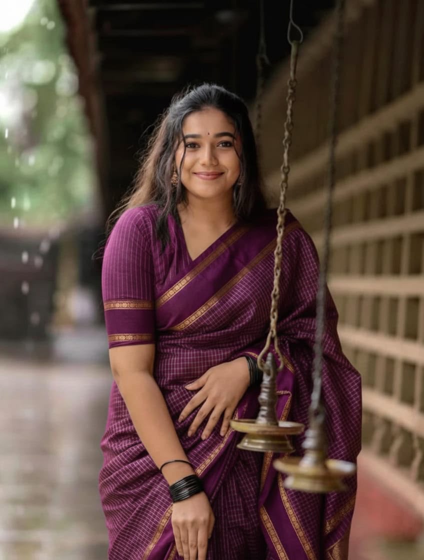 Checked Cotton Saree with Zari Pallu and Contrast Blouse