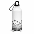 White water bottle with black floral design and carabiner on a white background