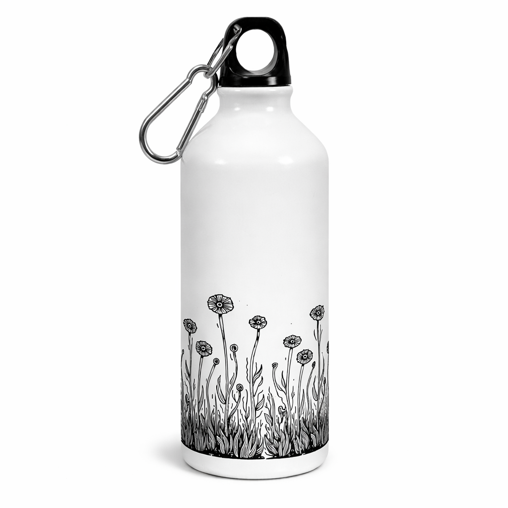 White water bottle with black floral design and carabiner on a white background
