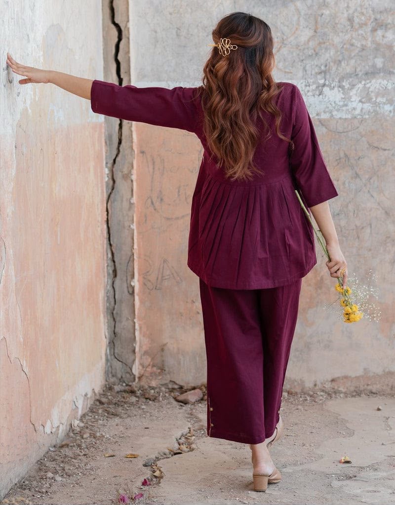 Cotton Flared Kurta Pant Set with Hand Embroidery