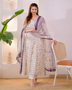 Mirror Embroidered Cotton Anarkali Suit Set with Mulmul Dupatta