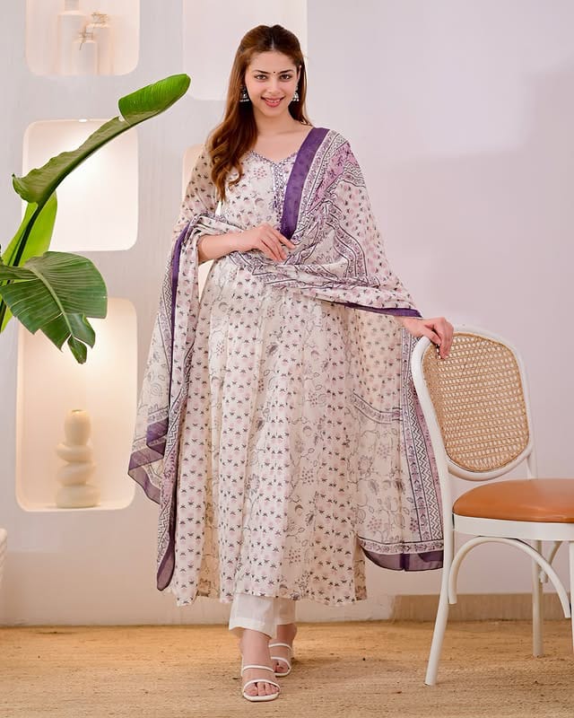 Mirror Embroidered Cotton Anarkali Suit Set with Mulmul Dupatta