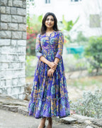 Floral Print Muslin Long Dress with Full Flare