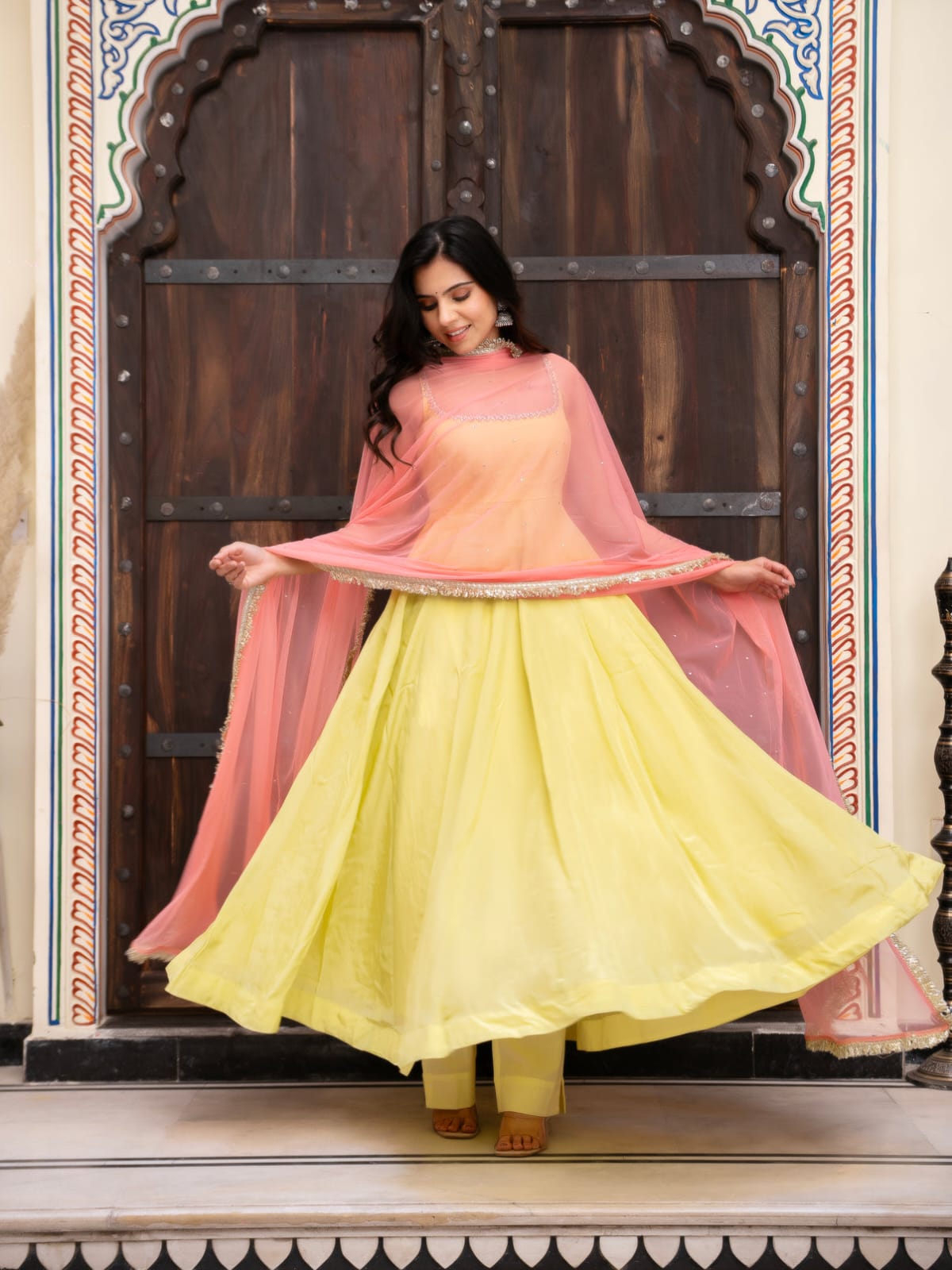 Fox Georgette Anarkali Suit Set with Lace Neckline & Dupatta