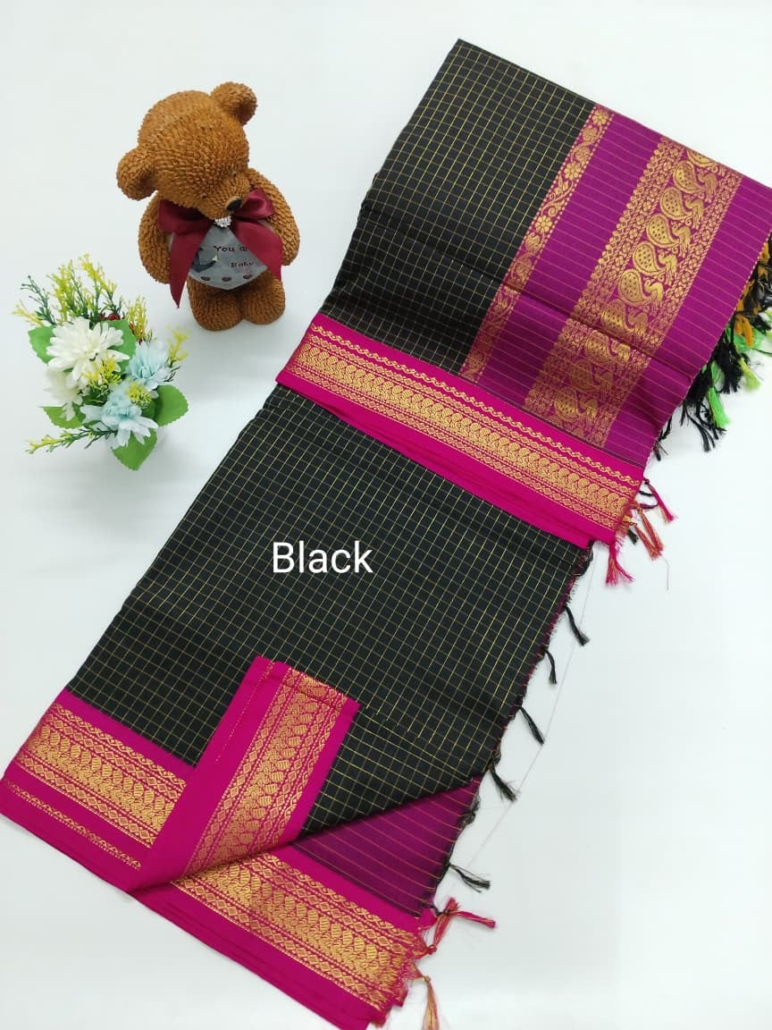 Checked Cotton Saree with Zari Pallu and Contrast Blouse