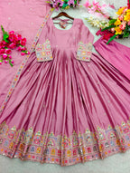 Embroidered Chinon Silk Gown Pant Set with Dupatta