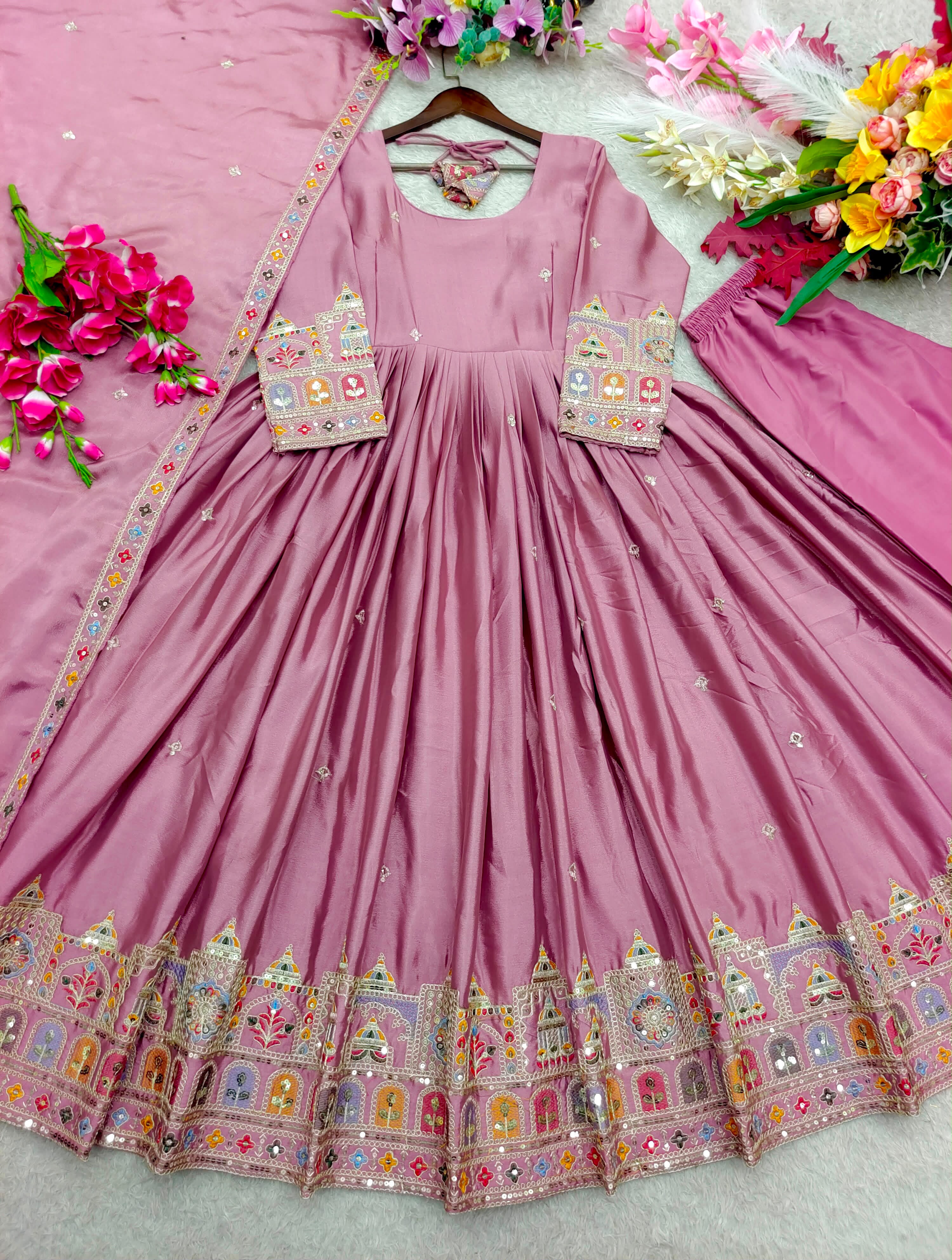 Embroidered Chinon Silk Gown Pant Set with Dupatta