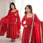 Designer Chinon Silk Anarkali Suit Set with Embroidered Dupatta