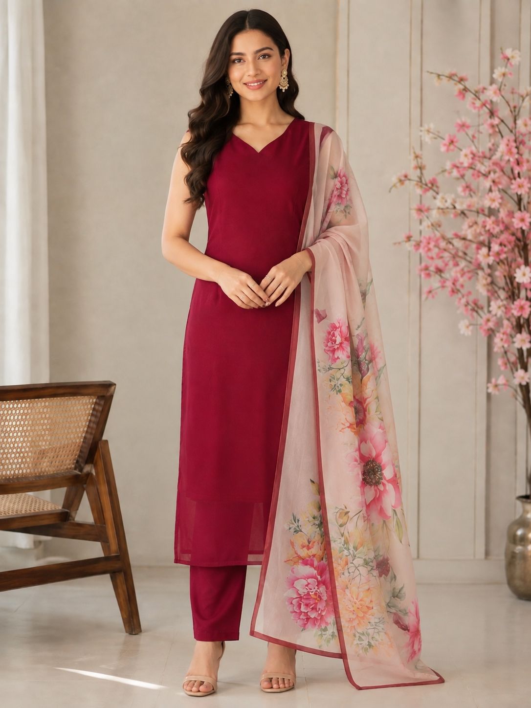 Georgette Kurta with Butter Silk Pant & Printed Cotton Dupatta Set