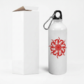 White water bottle with red design and carabiner, next to packaging and size measurements.