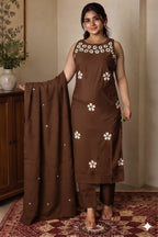 Embroidered Cotton Kurti Pant Set with Dupatta