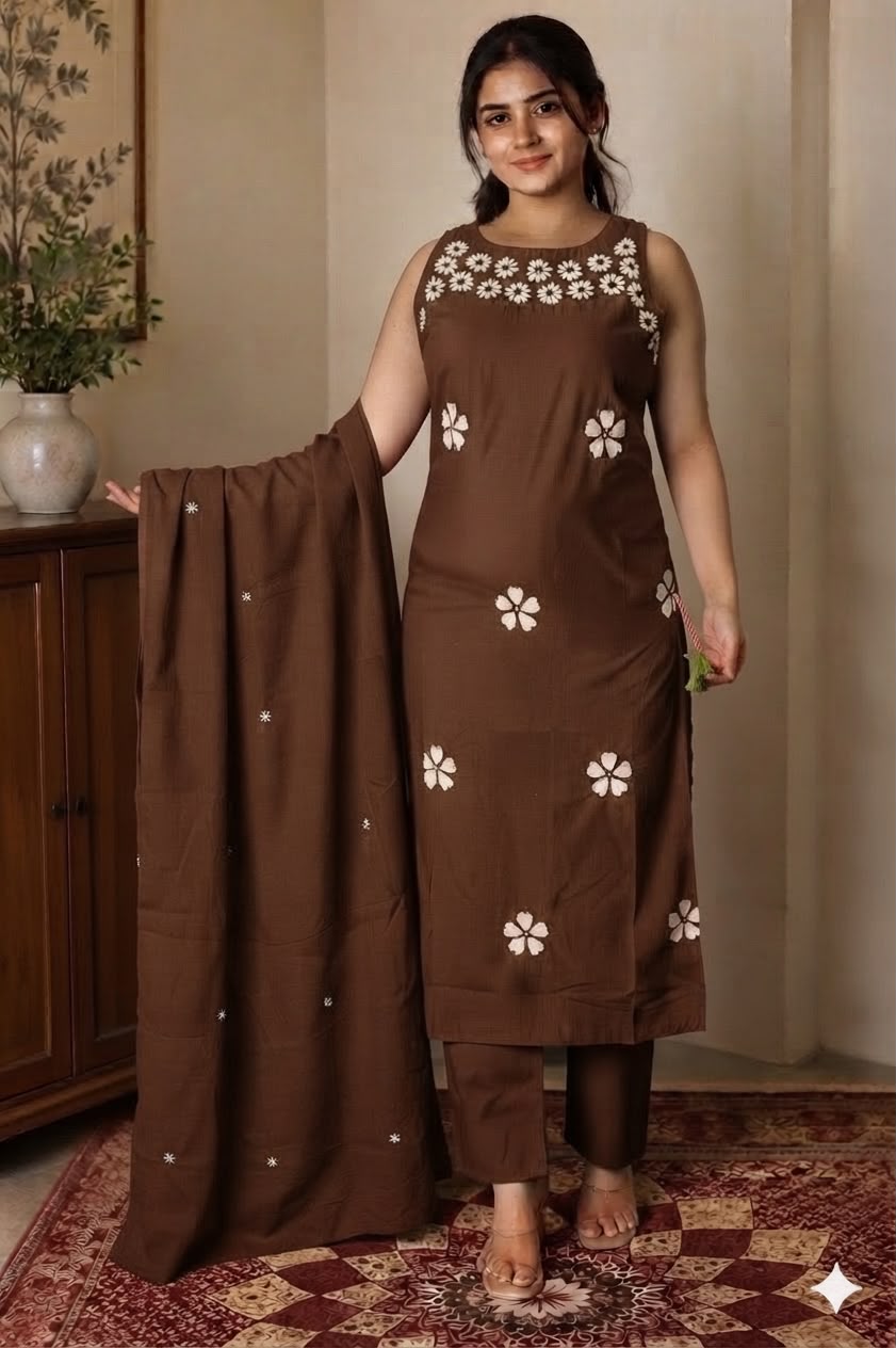 Embroidered Cotton Kurti Pant Set with Dupatta