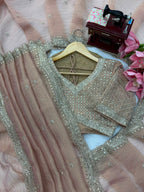 Thread and Sequins Work Tissue Crush Saree with Unstitched Blouse