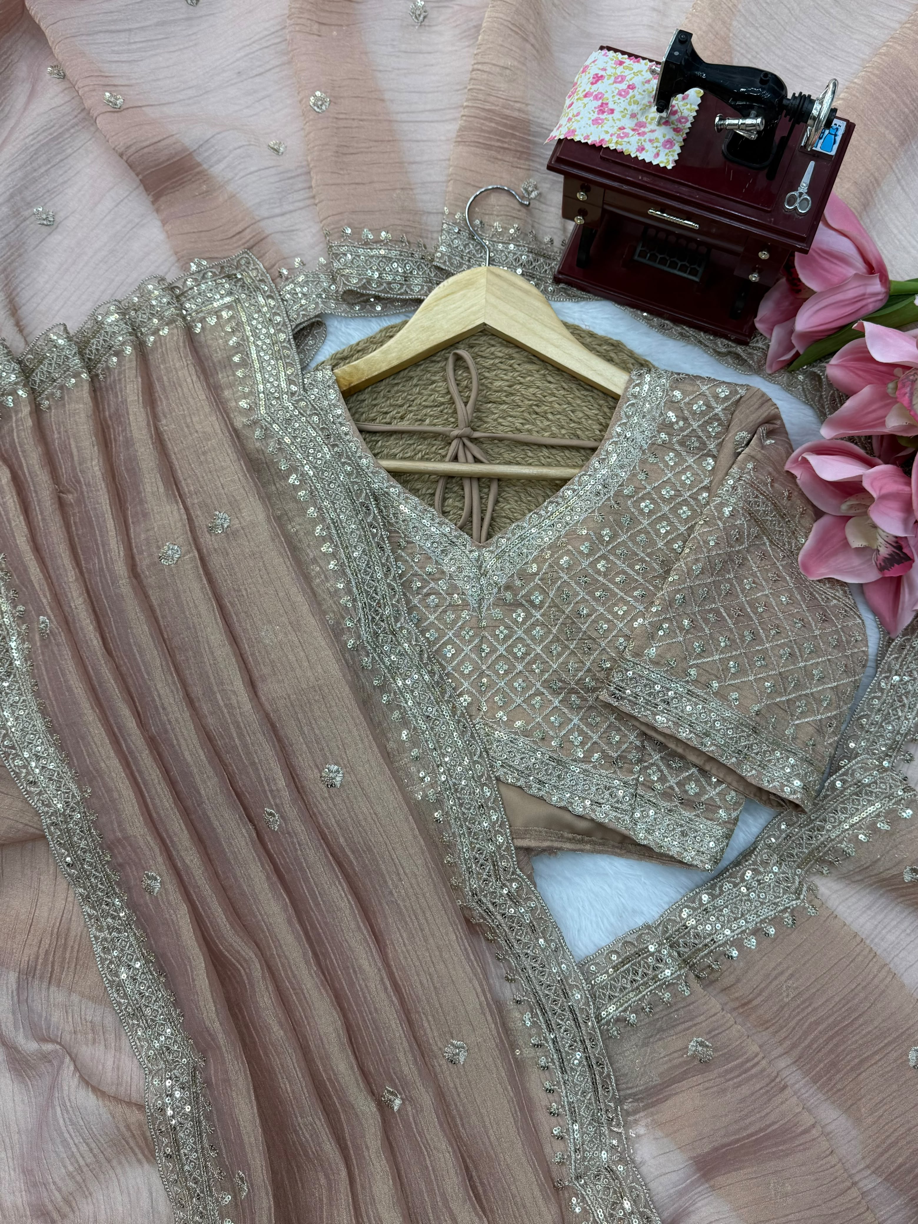 Thread and Sequins Work Tissue Crush Saree with Unstitched Blouse