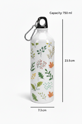 Floral-patterned water bottle with carabiner and measurements on a white background