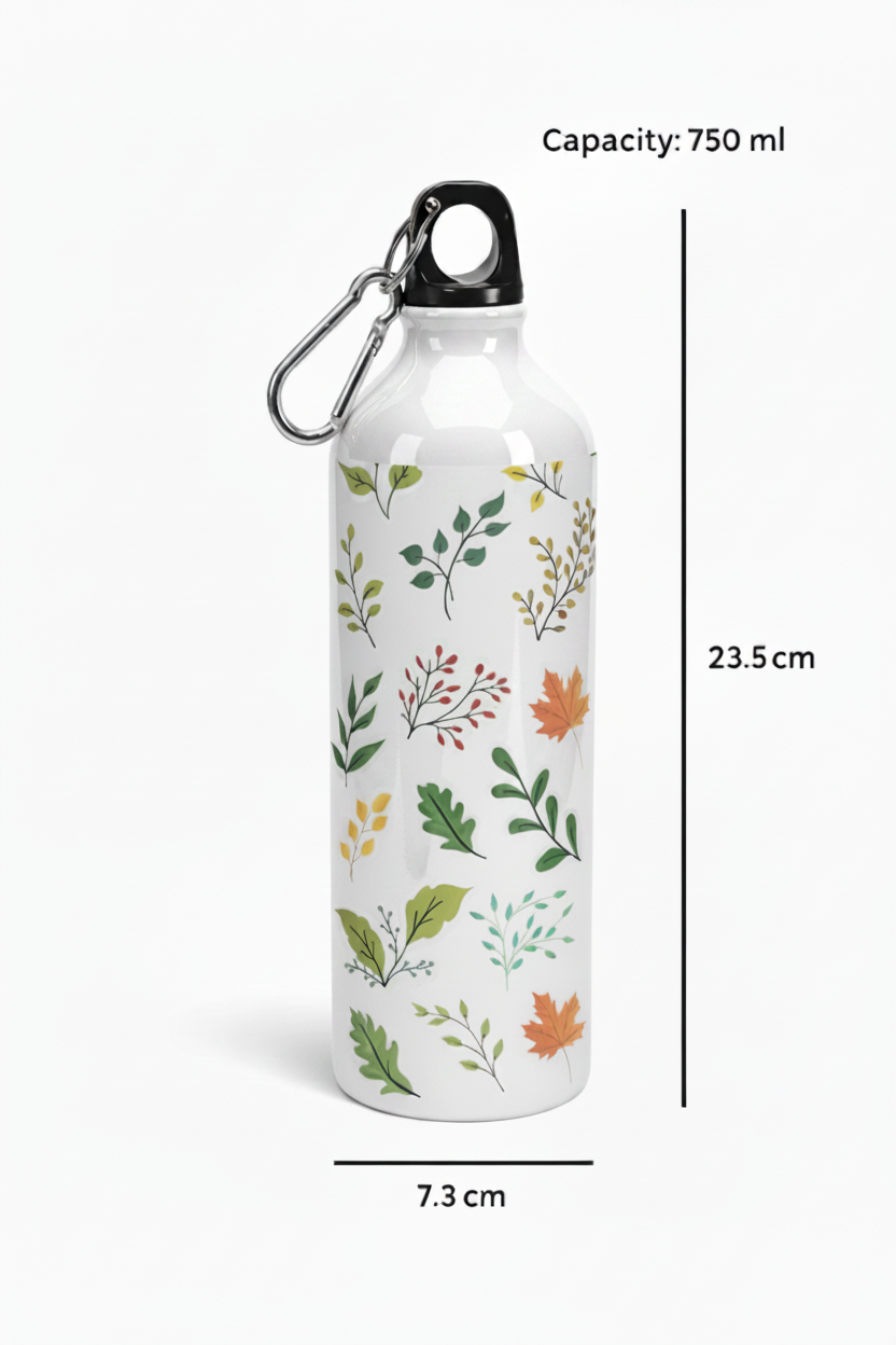 Floral-patterned water bottle with carabiner and measurements on a white background