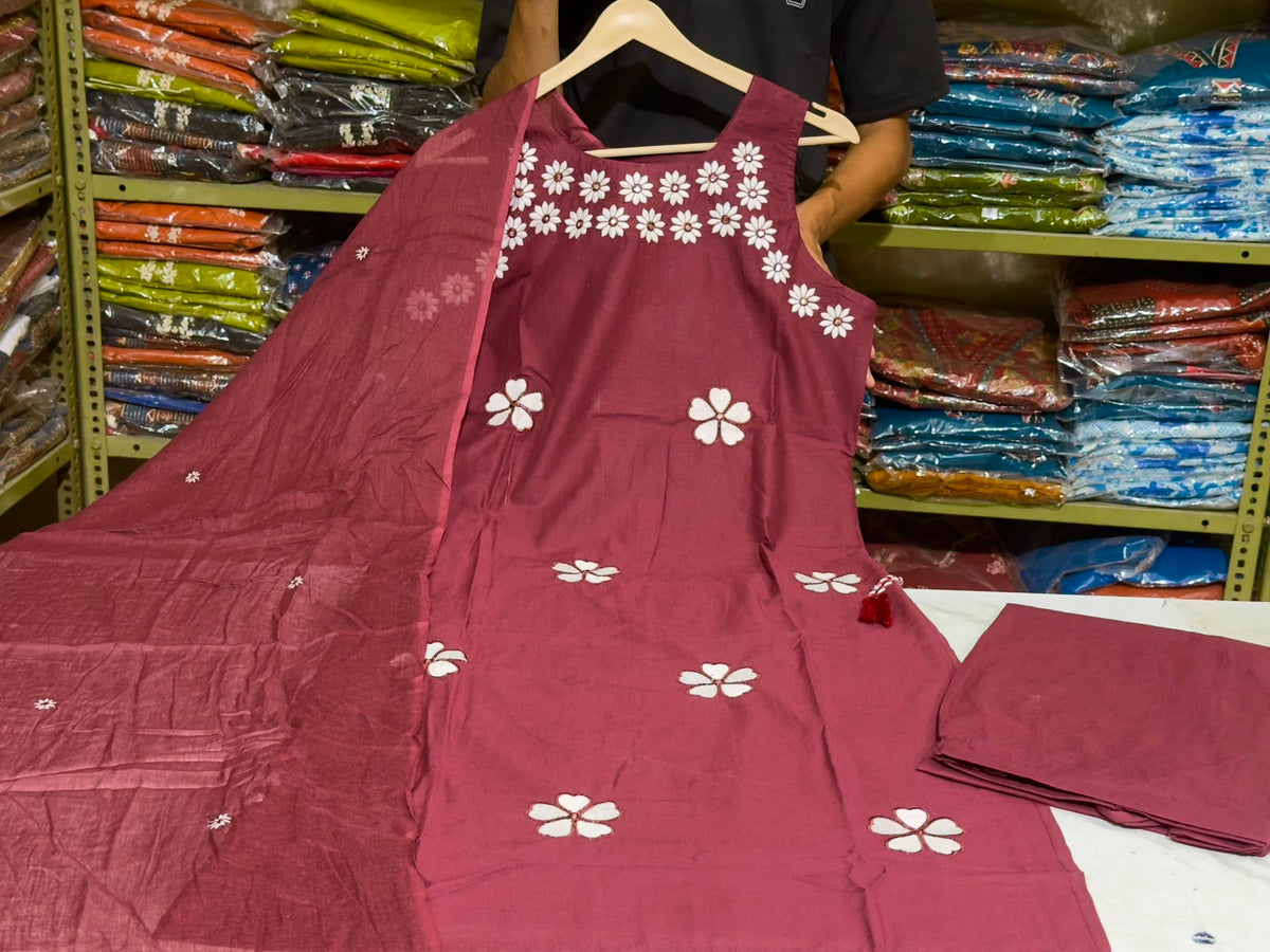 Embroidered Cotton Kurti Pant Set with Dupatta
