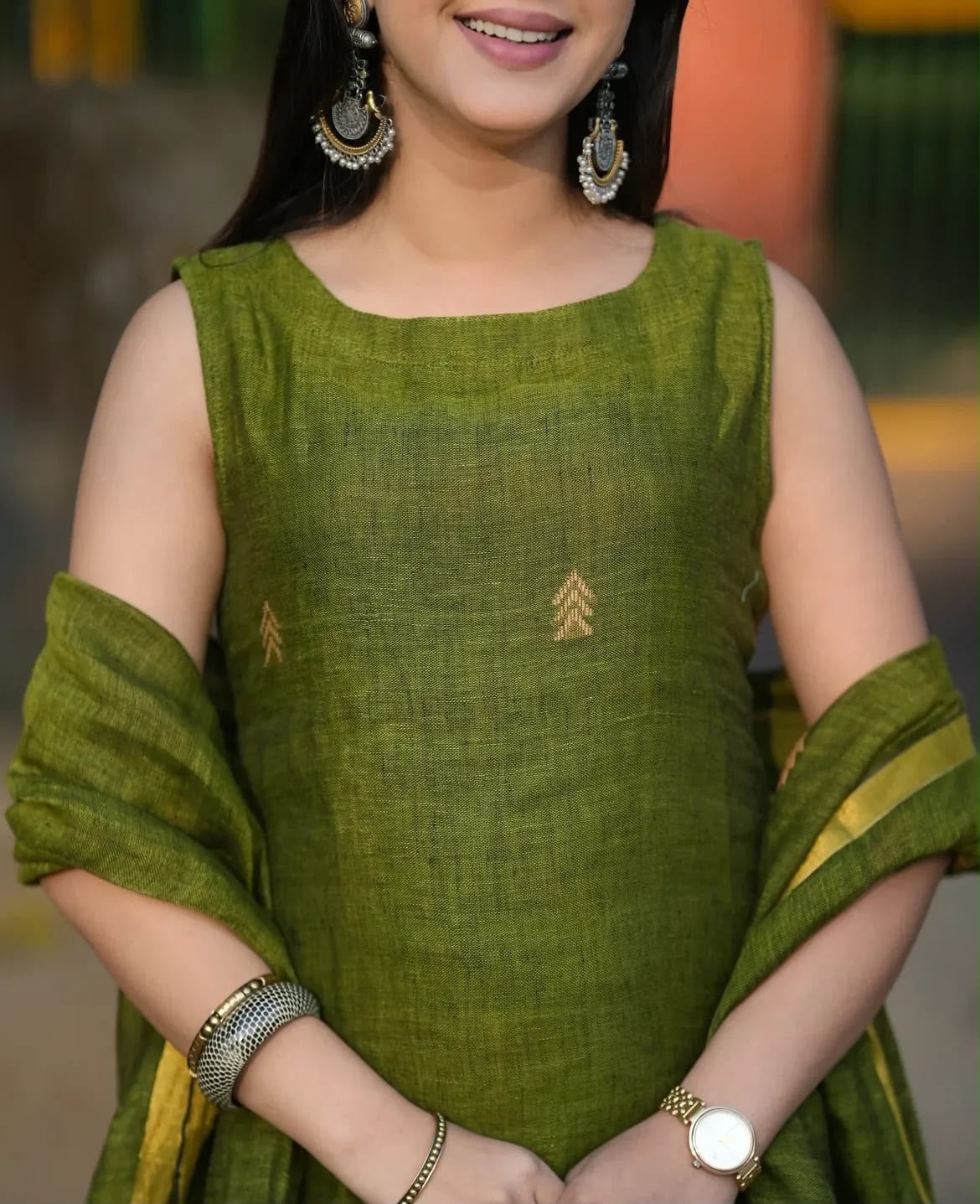 Sleeveless A-Line Cotton Kurti Palazzo Set with Linen Dupatta