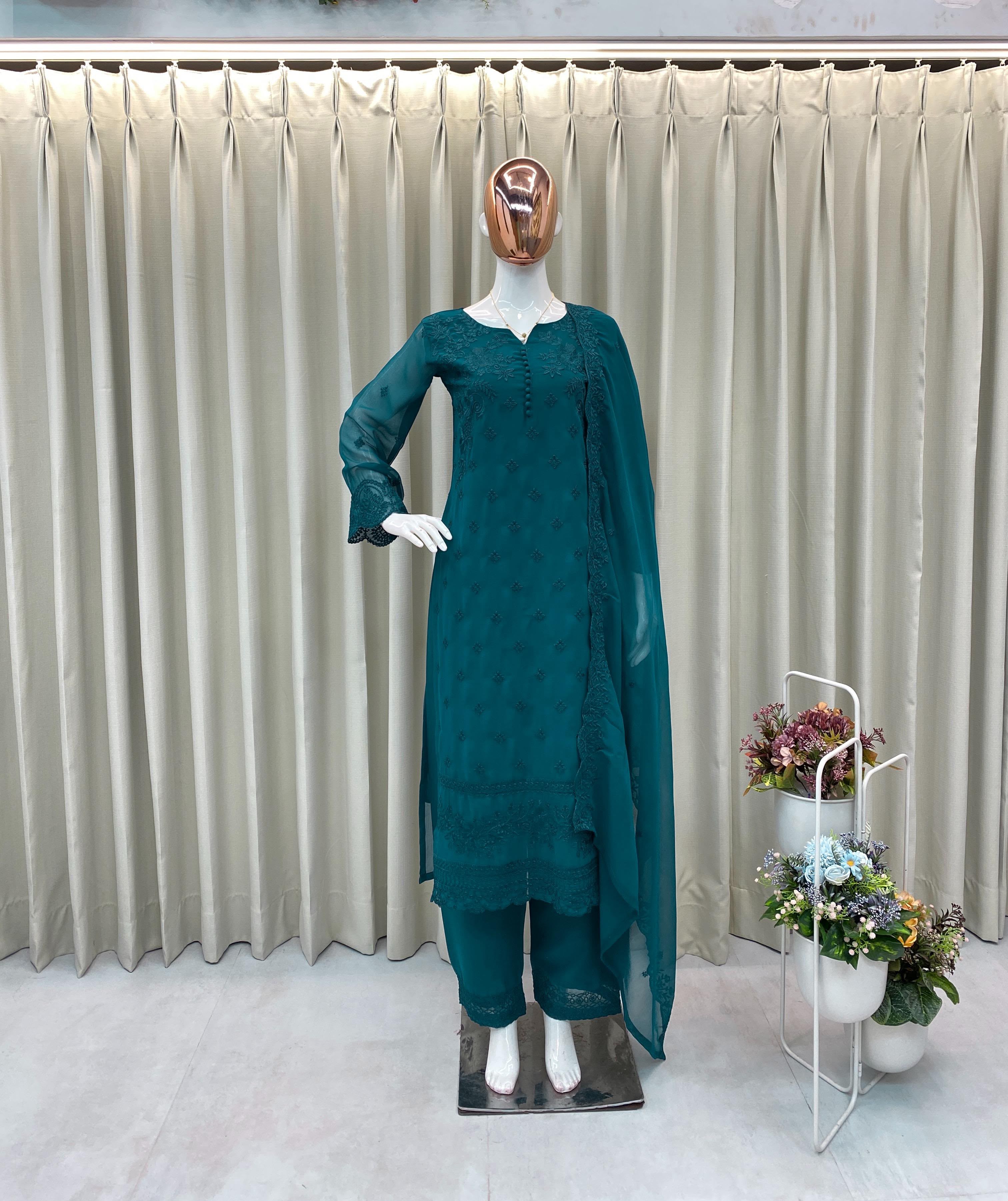 Embroidered Georgette Kurti Pant Set with Dupatta